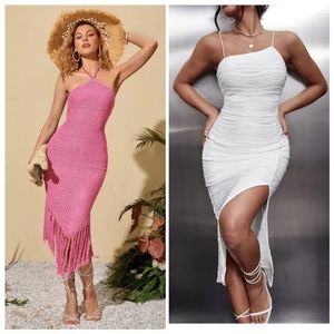 Pink crochet dress and white dress